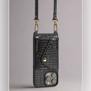 Hollister Black Croc-Embossed Phone Case with Gold Accents
